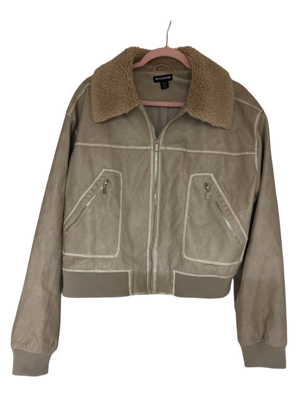 PrettyLittleThing Taupe Faux-Suede Bomber Jacket with Sherpa Collar